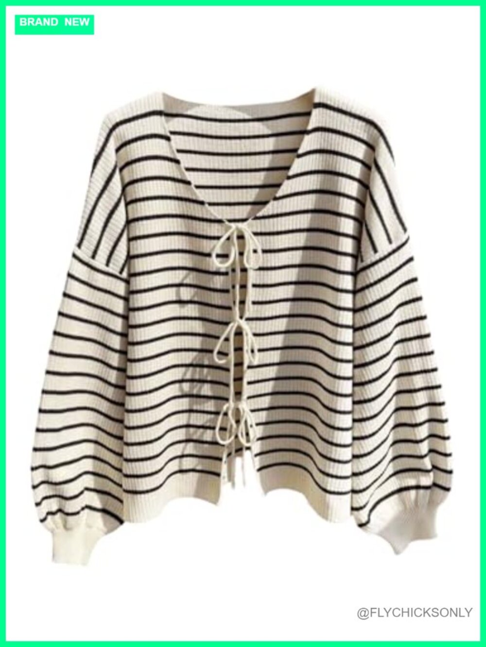 Plus Size Striped Tie Front Knit Cardigan Long Sleeve V Neck Lightweight Sweater